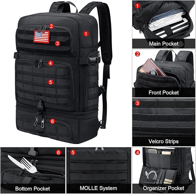 BERTASCHE Lunch Backpack for Men, 17 inch Laptop Backpack for Work Travel Camping Tactical Molle Daypack, Black