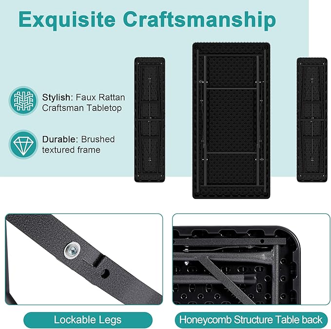 VECELO 3 Piece Folding Picnic Table with 2 Benches, 47.2" Faux Rattan Patio Set with Mesh Bag, Heat-Resistant & Waterproof, for Indoor Outdoor Use, Matte Black