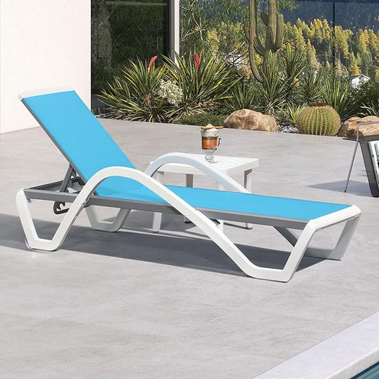 PURPLE LEAF Patio Chaise Lounge Chair Set Outside Aluminum Plastic Stackable Tanning Chairs with Armrests and Side Table for Pool Sunbathing Beach Deck Outdoor Lounger, Turquoise Blue