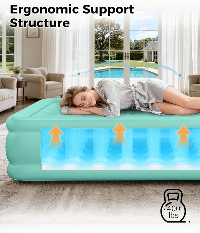 Twin Air Mattress with Built in Pump, Single Blow up Air Bed with Portable Storage Bag, Suitable for Home and Guests, Top Flocking, 18" QueenTurquoise Green