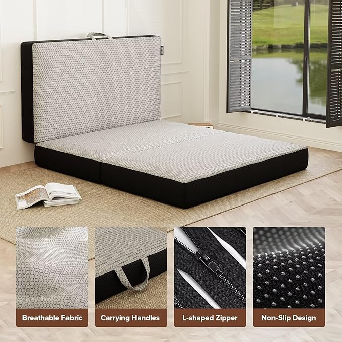 Memory Foam Trifold Mattress, Full Portable Floor Bed 6 Inch, Foldable Mat with Washable Cover, Handle & Non-Slip Bottom, for RV, Travel, Camping, Yoga, 73"x52"x6", Grey
