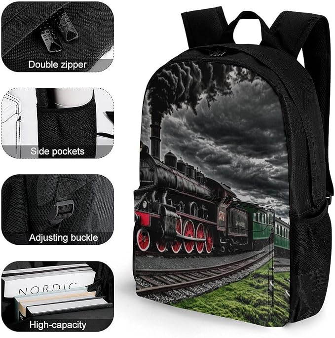 Polyester Daypack Backpack for Climbing Outdoors Running, Big Capacity Multipurpose Anti-Theft Bookbag, Old Train Dark Sky Travel Hiking Camping Rucksack