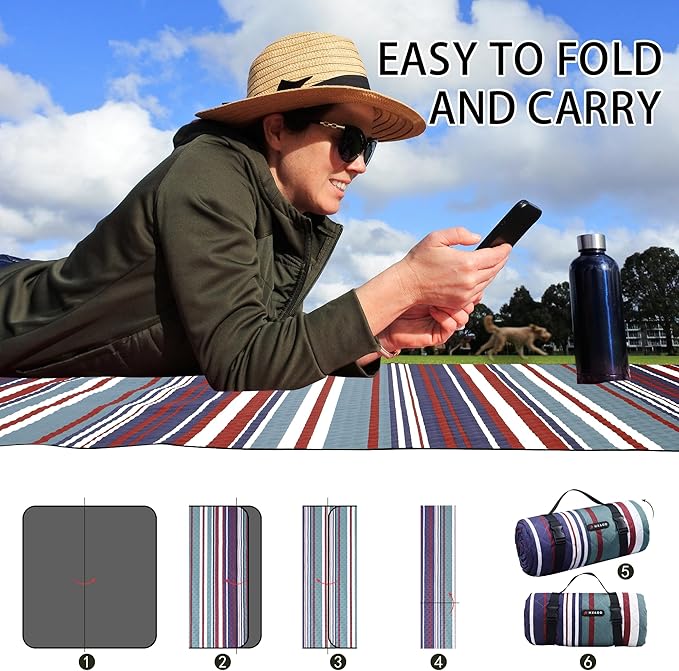 HX&OD Large Picnic Blanket Outdoor 80”x60” Waterproof Picnic Mat Foldable 3-Layer Camping Blanket Portable with Carry Strap Park Blanket for Grass(Red)