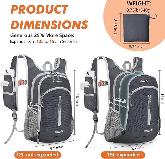 Seektop Expandable Small Hiking Backpack 12L-15L Lightweight Packable Waterproof Daypack with Phone Pocket for Women Men