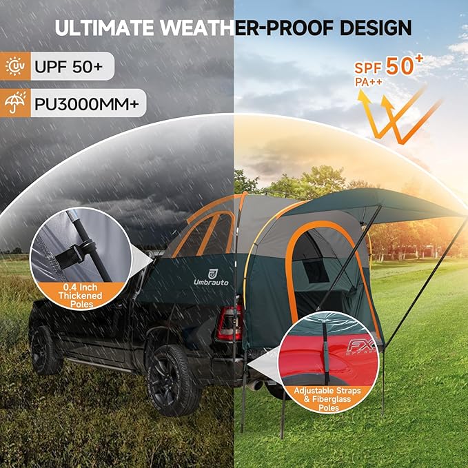 Umbrauto Truck Bed Tent with Awning: 5.5-5.8FT PU3000mm Waterproof Tailgate Pickup Truck Tents, Easy Set-up for 2 Person, Fits Full Size Short Bed, Chevy, Dodge, Ford, GMC, Green