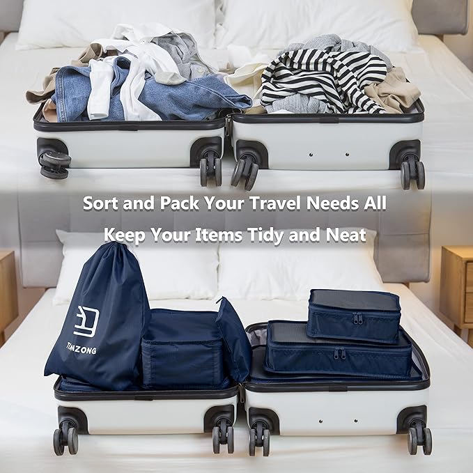 tianzong 7-piece Set Packing Cubes, Travel Bags for Luggage, Packing Organizers with Shoe Bag (Navy Blue)