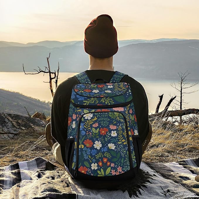 Wildflowers Dark Blue Cooler Backpack Cooler Insulated Leak Proof Lunch Backpack 36 Cans Waterproof Soft for Men Women Picnic Hiking Camping Beach