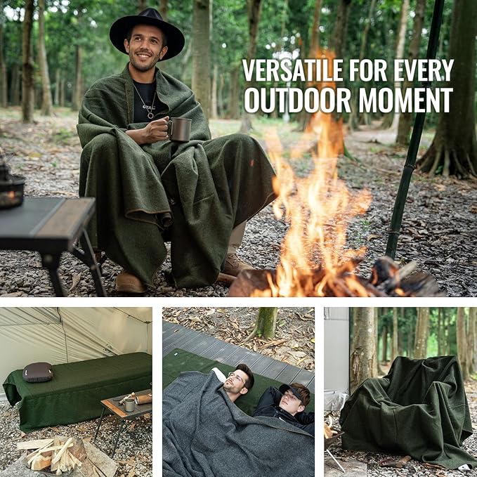 ONETIGRIS Wool Blanket, Camping Wool Blanket–Large, Cozy, Washable,Great for Camping,Outdoors,Car,Sporting Events, Bushcraft Survival Kits 64in x 87in