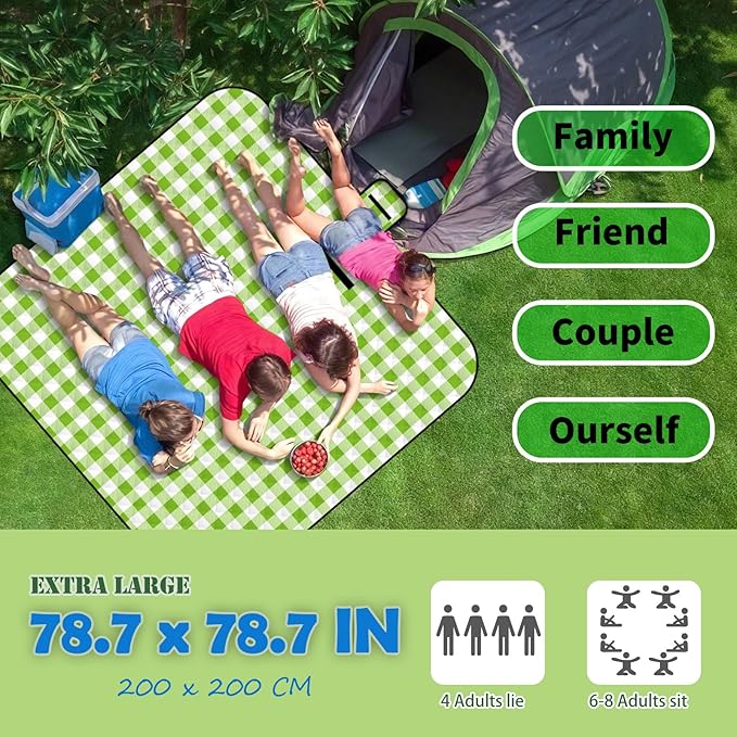 Picnic Outdoor Blankets, Extra Large 79x79in Beach Blanket, Thick 3-Layers Camping Waterproof Mat for Camp Hiking Park, Portable Foldable Rug for Family-Green, Sandproof & Machine Washable
