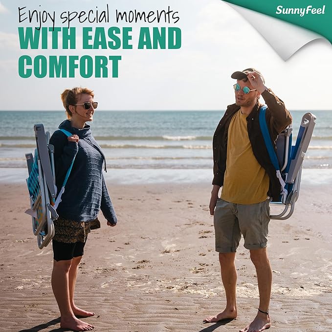 SUNNYFEEL High Back Folding Beach Chair, Tall Beach Chair with 3 Reclining Position, Portable Camping Chair for Adults, Wood Armrest, Lightweight Camping Chair 300 lbs Heavy Duty, Blue Stripe