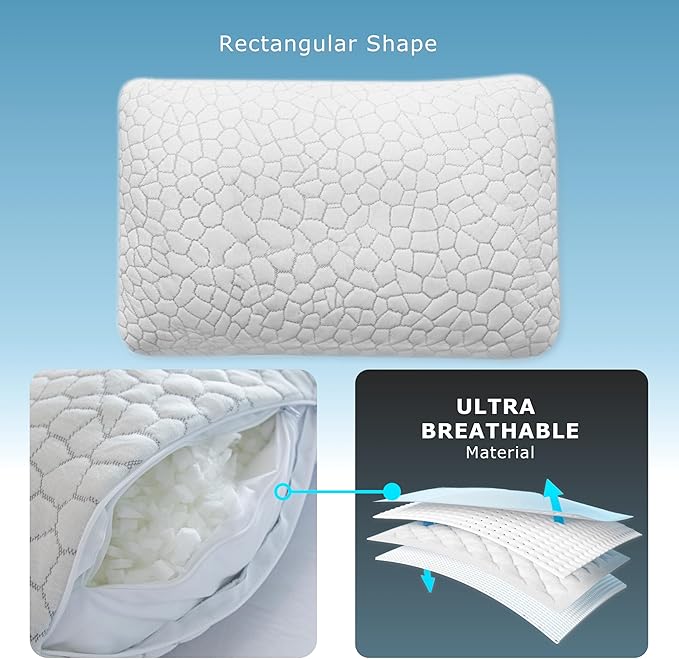 Pharmedoc Adjustable Shredded Memory Foam Bed Pillow - Perfect for Side Sleeper - Rectangular - Neck Support for Pain Relief - Queen Size - Extra Filling Pack