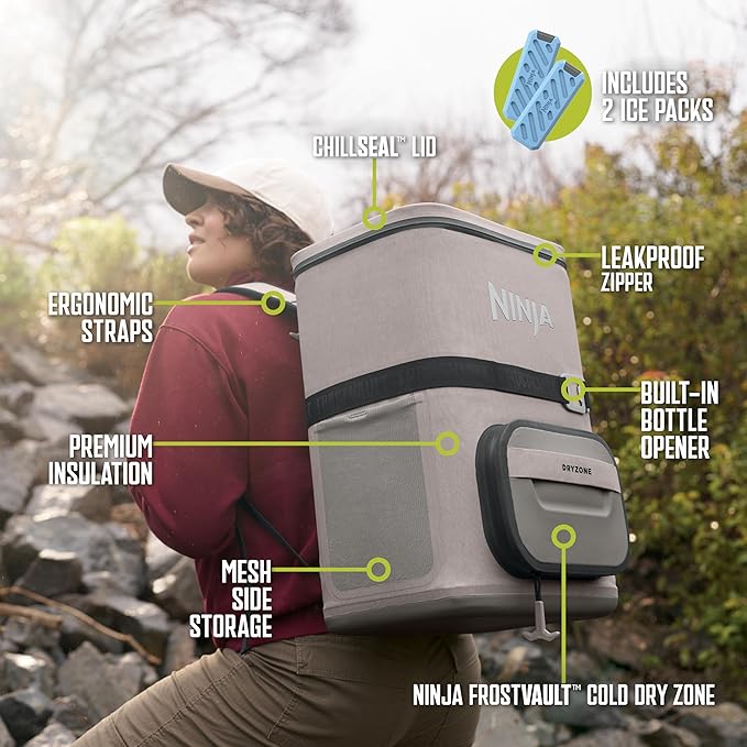 Ninja FrostVault Go Can Soft Cooler, 24/36 Can, Leak Proof, Built-In Cup Holder, 2 Ice Packs & Dry Storage Drawer, Polyester Insulation, Hiking, Camping, Picnic
