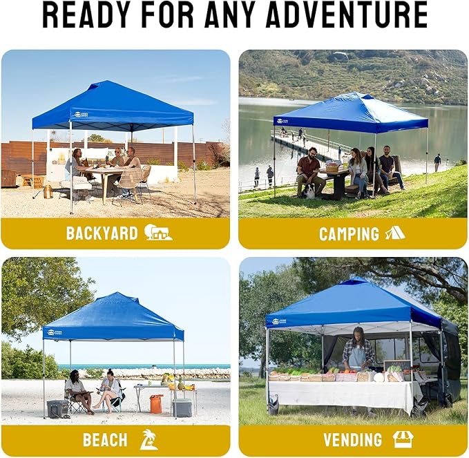 CROWN SHADES 10x10 Pop Up Canopy - Beach Tent with One Push Setup - Easy Outdoor Sun Shade for Events, Parties, Camping - Gazebo with STO-N-Go Cover Bag, Silver Coated Top, Blue