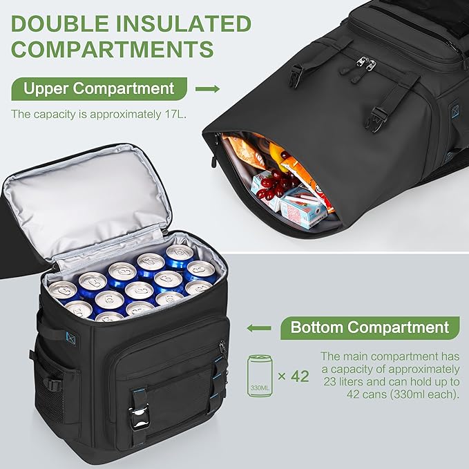 Insulated Cooler Backpack, 40L Expandable Leakproof Waterproof, Dual Compartments (23L+17L) with Expandable Upper Section, Portable for Beach Camping Picnic Travel