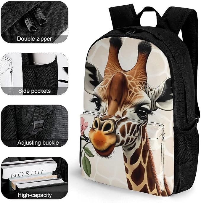 Supdreamc Men Women Lightweight Giraffe Flower Backpack Large Capacity Bookbag With Smooth Zippers for Gym Business Running