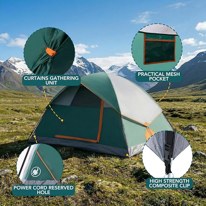 OLIXIS Camping Tent 2/4 Person, Waterproof Windproof Dome Tent with Multi-Directional Ventilation, Quick 5 Min Setup for Family Outdoor, Backpacking, Hiking
