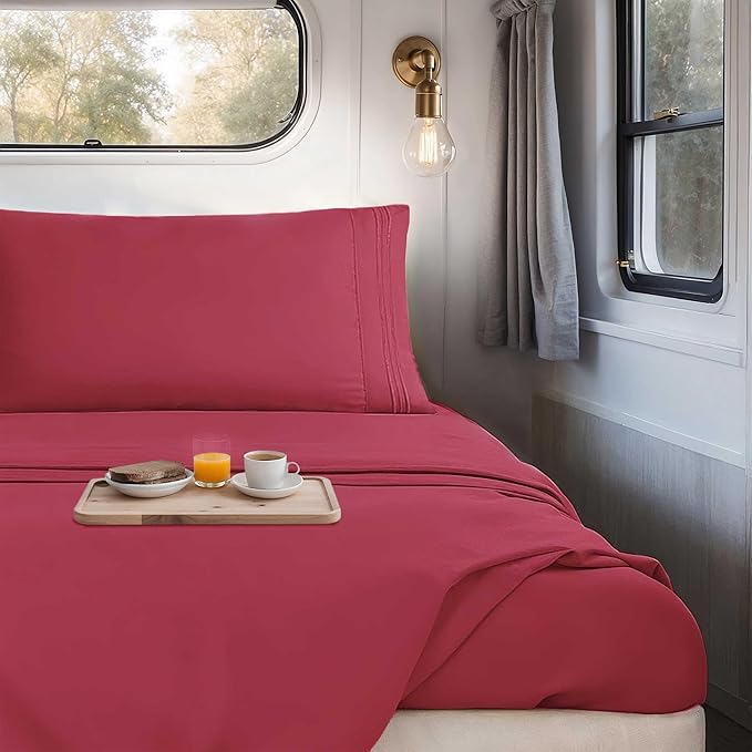 Hearth & Harbor Short Queen Sheets for RV, Burgundy Red RV Queen Sheets, Silky Soft 1800 Microfiber Bed Sheet for Camper, 4 Piece RV Bedding with Pillowcases