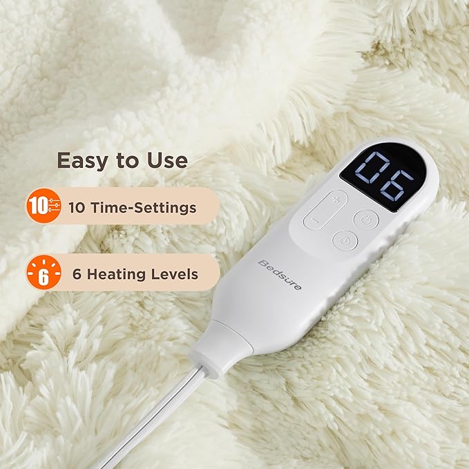 Bedsure Faux Fur Heated Blanket Twin Size, Fast Heating Fluffy Electric Blanket, Heating Blanket Twin Size with 10 Time Settings & 6 Heat Settings, Cozy Gifts for Women Men (62x84 inches, Cream)