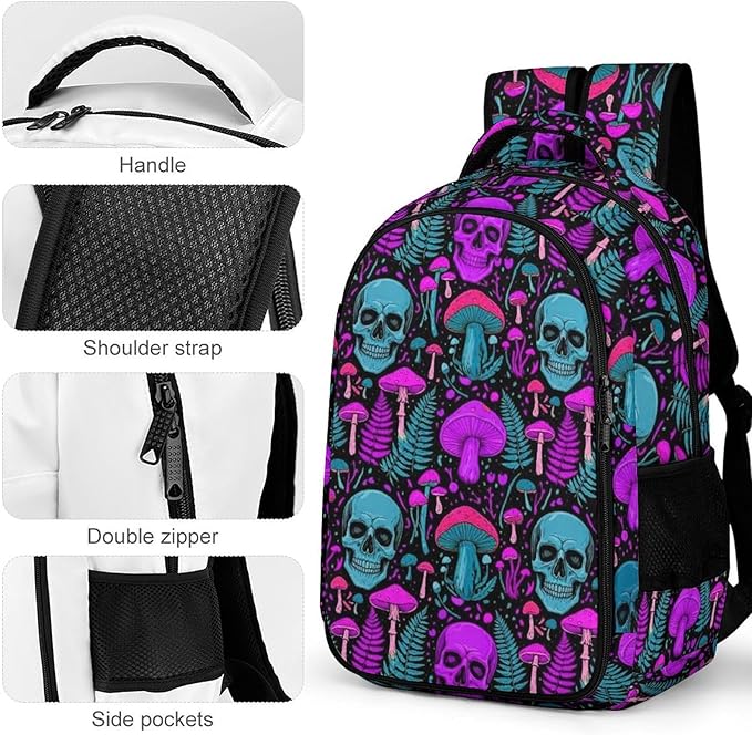 Large Capacity Travel Backpack Purple Leaf Trippy Mushroom Eye Skull, Carry On Anti Theft Laptop Backpack with Multi Compartments for Business Weekender Hiking