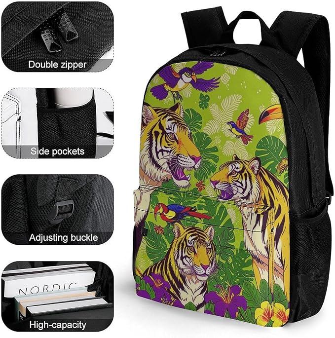 Supdreamc Daypack Backpack Polyester Anti-Theft Multipurpose Tropical Floral Wild Animals Tigers Parrot Green Bookbag Big Capacity Travel Hiking Camping Rucksack With Smooth Zippers