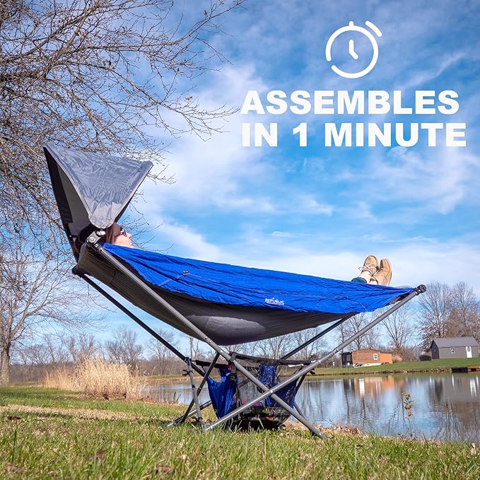 Portable Hammock with Stand, World's Best Mock ONE® Hammock, Compact Folding Framed Hammock with Adjustable Sunshade Canopy for Park, Backyard, Garden, Camping, Hiking, Mountaineering, Beaches- Blue
