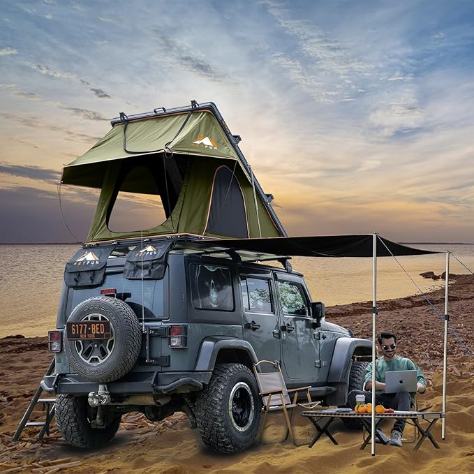 Adventurer Pro Rooftop Tent Hard Shell with USB Outlet, Side Awning, Replaceable Rain Fly&Luggage Racks for 4 Season Camping, Aluminum Pop Up 2-3 Person Roof Top Tent for Truck Jeep SUV Van Trailer