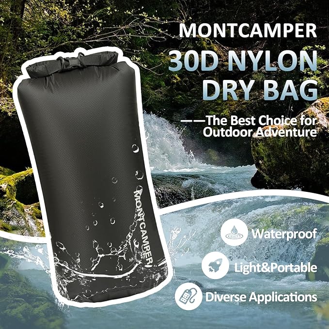 Waterproof Dry Bag 20L – 30D Nylon Roll Top Dry Sack with DWR & PU Coating, Lightweight Water-Resistant Storage for Kayaking, Camping, Hiking, Fishing & Beach (Black)