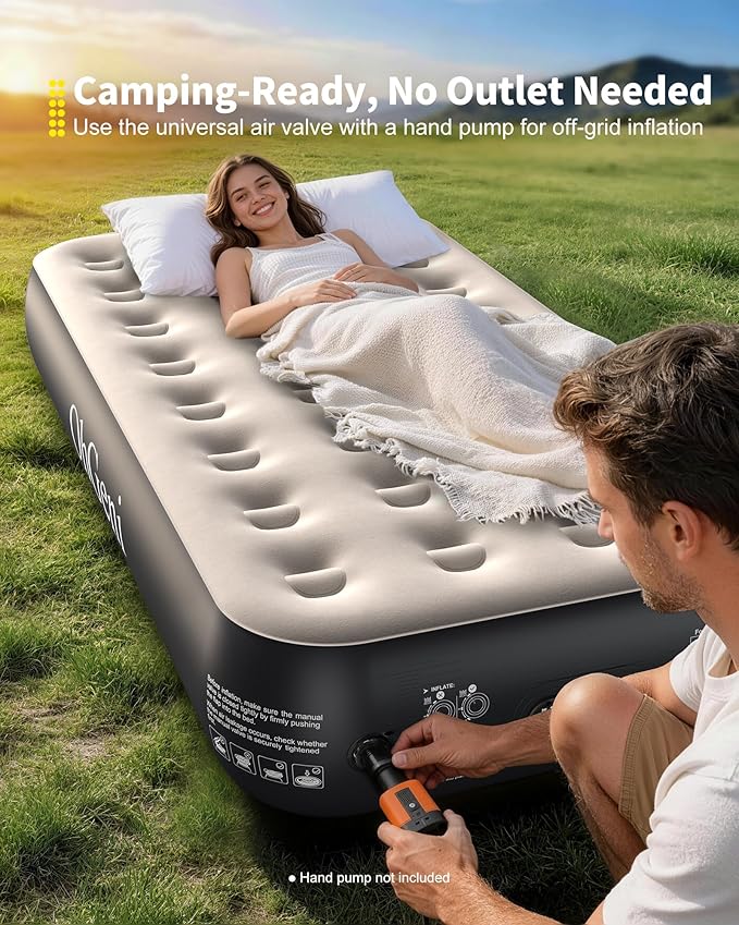 OhGeni Twin Camping Air Mattress Bed with Built in Pump, Family Choice Award Winner, 13" Raised Inflatable Blow up Mattress, Portable Foldable Bed with Upgraded Surface for Home & Outdoor, 300lbs