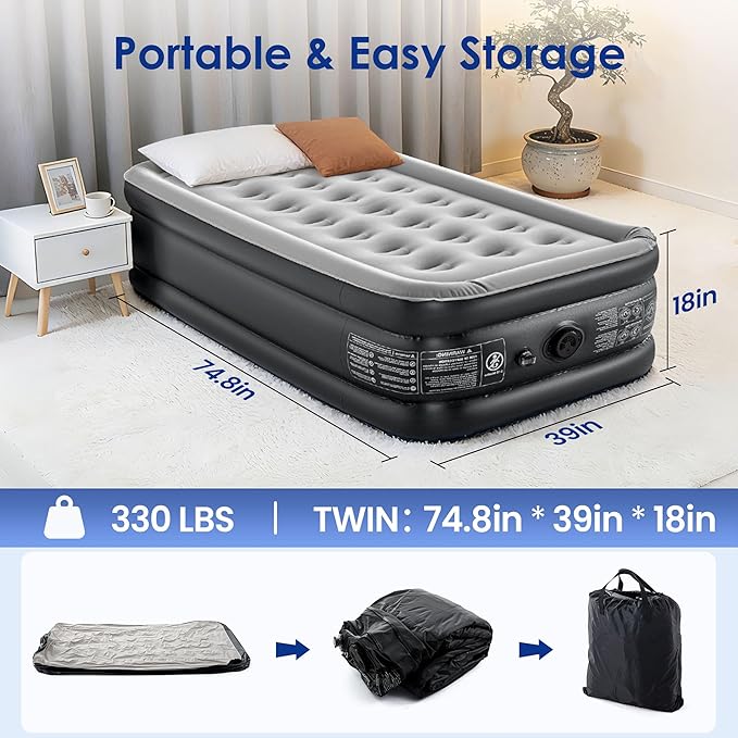 Camping Twin Air Mattress with Built-in Pump 18" Thickness 330lbs Heavy Duty Comfortable Blow up Air Mattress with Carry Bag Inflatable Foldable Flocked Top Air Bed for Travel, Home (Black & Grey)