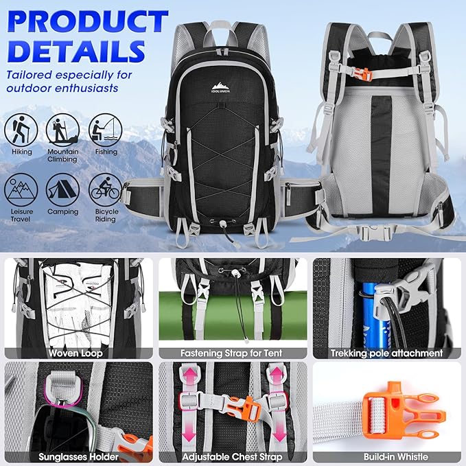 IGOLUMON Hiking Backpack 40L Packable Hiking Daypack for Men Women Waterproof Lightweight Foldable Camping Backpack