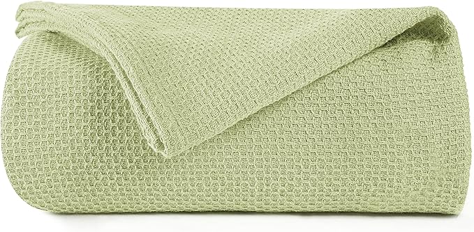 BOUTIQUO 100% Cotton Bed Blanket, Breathable Thermal Blanket Full - Queen Size, Soft Honeycomb Waffle Blanket 90"x90", Cotton Bed Blanket, Perfect for Layering Any Bed for All Season, Sage Green