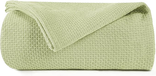 BOUTIQUO 100% Cotton Bed Blanket, Breathable Thermal Blanket Full - Queen Size, Soft Honeycomb Waffle Blanket 90"x90", Cotton Bed Blanket, Perfect for Layering Any Bed for All Season, Sage Green