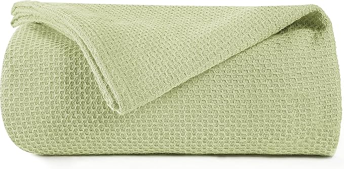 BOUTIQUO 100% Cotton Bed Blanket, Breathable Thermal Blanket Twin Size, Soft Honeycomb Waffle 60inchx90inch, Perfect for Layering Any All Season, Sage Green, (60inchx90inch) (70469)