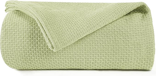 BOUTIQUO 100% Cotton Bed Blanket, Breathable Thermal Blanket Twin Size, Soft Honeycomb Waffle 60inchx90inch, Perfect for Layering Any All Season, Sage Green, (60inchx90inch) (70469)