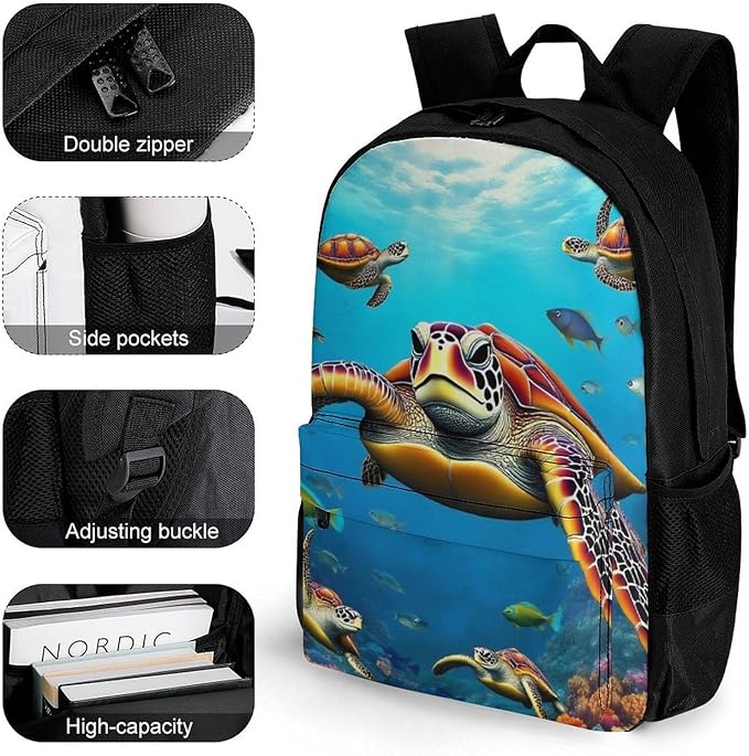 Supdreamc Men Women Polyester Sea Turtle Daypack Big Capacity Shoulder Bag With Smooth Zippers for Hiking Work Walking Cycling
