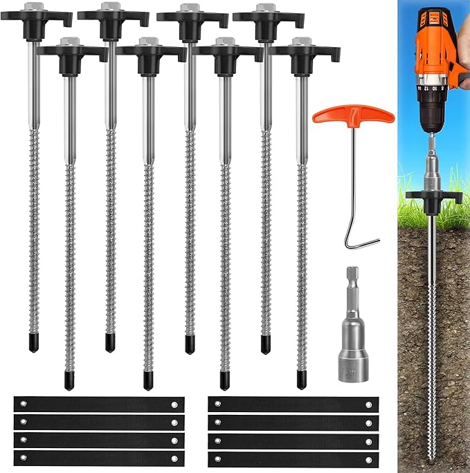 Trampoline Stakes Heavy Duty, 10 Inch 8 Pack Ground Anchor Screw in, Trampoline Earth Anchor Kit with Straps Tent Stakes High Wind Swing Set Accessories for Camping, Securing Animals, Canopy, Sheds