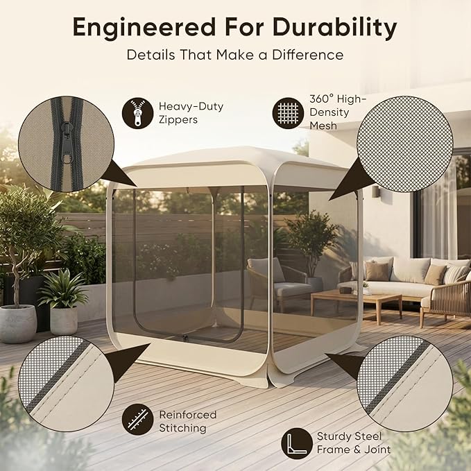 TABU Pop Up Screen House Tent, 6x6 FT Screen Room Canopy with Mosquito Mesh, Instant UV Resistant Shelter with Carry Bag, for 2-4 Person, Backyard, Sports, Hiking, Beige