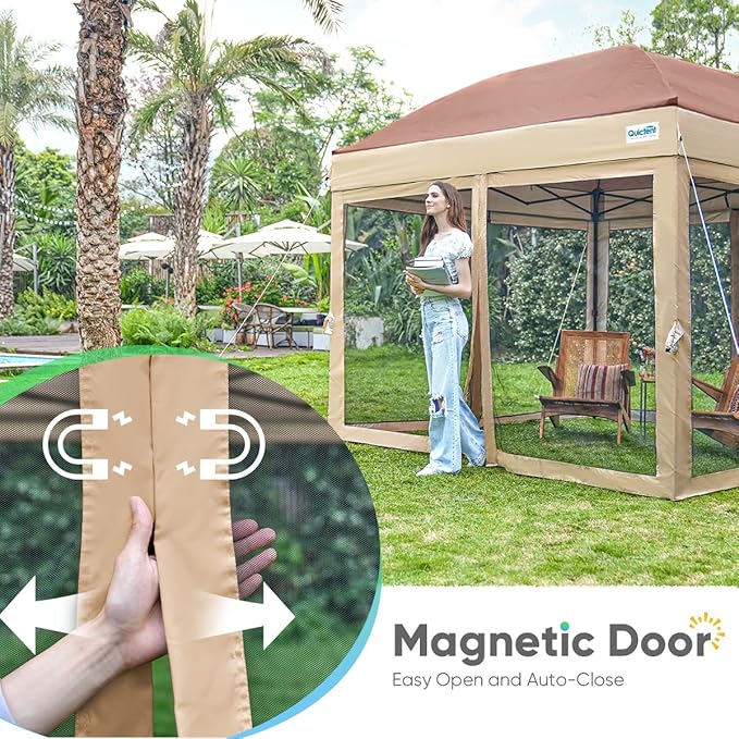 Quictent 10x10 Pop up Canopy Tent with Netting, Auto-Close Magnetic Doors, One Person Instant Setup Screen House Room Tent Screened Waterproof