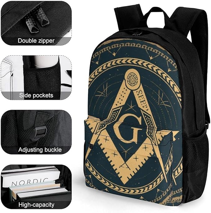 Casual Daypack Multipurpose Anti-Theft Large Capacity Carry On Bag, Gold Freemason Freemasonry Masonic Art Casual Daypack Climbing Shoulder Bag With Padded Straps