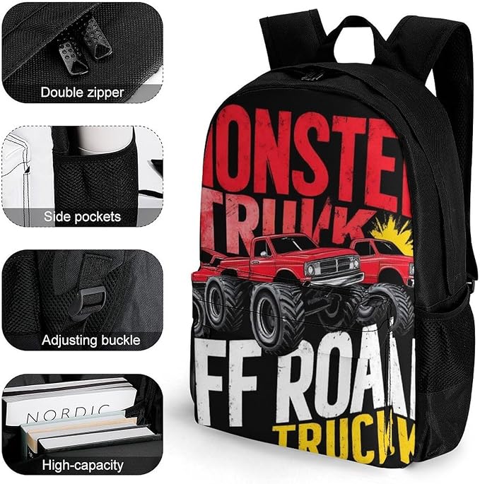 Polyester Daypack for Hiking Work Running, Big Capacity Anti-Theft Multipurpose Shoulder Bag, Monster Truck Car Red Black Travel and Sport Backpack Rucksack
