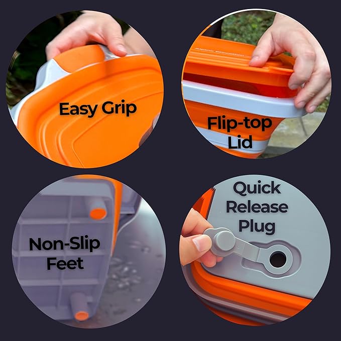 Collapsible X-Large (16L) BBQ Marinating Tub w/Cutting Board | Multipurpose Food-Grade TPE Prep Tub w/Lid | Built-In Colander & Drain Plug - For Camping | Tailgate | Picnic - Bold Orange