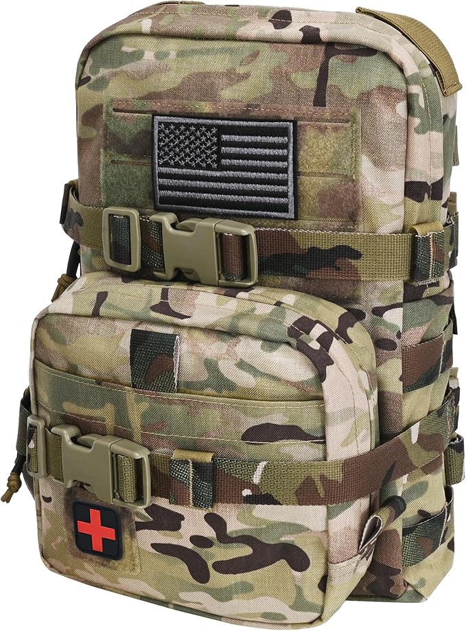 Tactical Mini Molle Hydration Pack,Molle Hydration Carrier with IFAK Pouch&US Flag&Med Patch,Hydropack for 2L Water Bladder