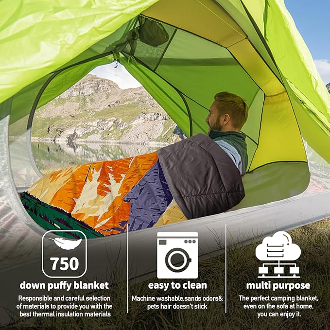 Outdoor Puffy Camping Blanket, Lightweight Down Alternative Puffy Printed Camping Large Ultra Warm Hammock Top Quilt Waterproof Blanket for Traveling Picnic Beach Party Cold Weather (Peak)