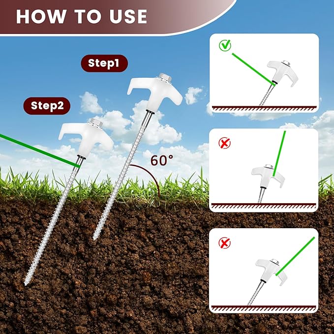 12 Pack Tent Stakes, 8" Ground Anchors Screw Drill in Heavy Duty Ground Pegs Camping Stakes Tent Pegs with Hex Head Driver, Spikes Puller, 4x10ft Rope and Storage Box