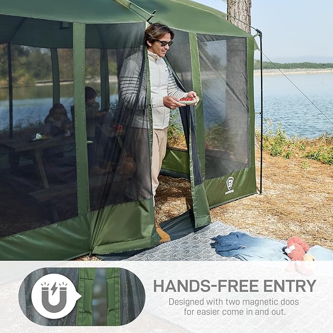 EVER ADVANCED Magnetic Screen House Room 11x9ft, Hands-Free Entry,Screenhouse with Sun Protection for Camping&Picnic, 11x9ftCamping Tent Canopy Shelter with Mesh, Green