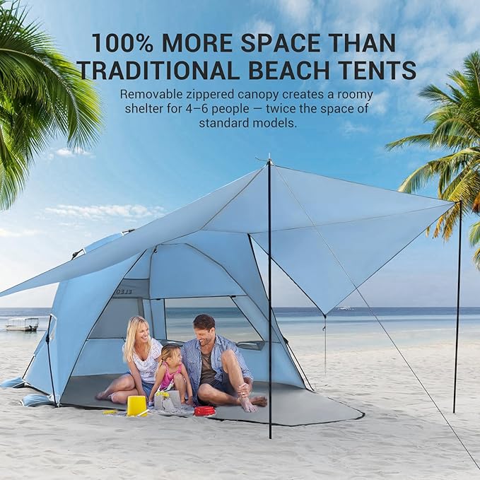 Elegear CumbreX™ Beach Tent with 360° Removable Canopy, 4-6 Person Pop Up Sun Shade Shelter, UPF 50+ Automated Installation Double Silver Coating Portable Lightweight Beach Cabana for Beach/Outdoor