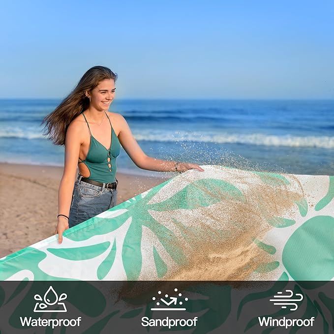 Beach Blanket Waterproof Sandproof, 9 Ft X 10 Ft Extra Large Sand Free Beach Mat, Big Compact Lightweight Quick Drying Picnic Blanket with 4 Stakes & Pockets for Camping, Travel, Hiking