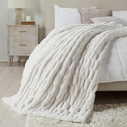 Springtree Home Luxury Micro Plush Throw Blanket for Couch | Fluffy Thick Faux Fur Blanket | White Throw Blanket | Lily Collection - White