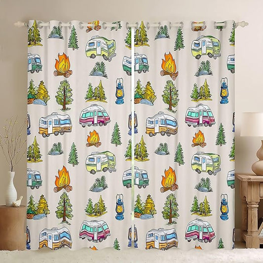 Feelyou Vintage Camper Blackout Curtains Rustic Camping Trailer Darkening Drapes for Bedroom Living Room Decor Happy Camping Thermal Insulated Shades Window Treatments, 2 Panels 52 x 96 Inch