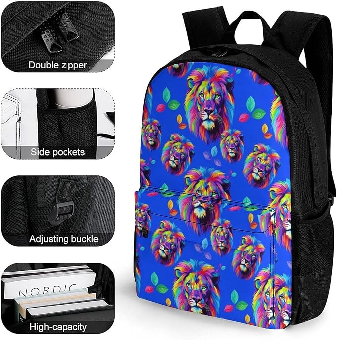 Polyester Daypack for Camping Travel Walking Cycling, Big Capacity Anti-Theft Multipurpose Bookbag, Watercolor King Lion Painting Art Camping Outdoor Backpack